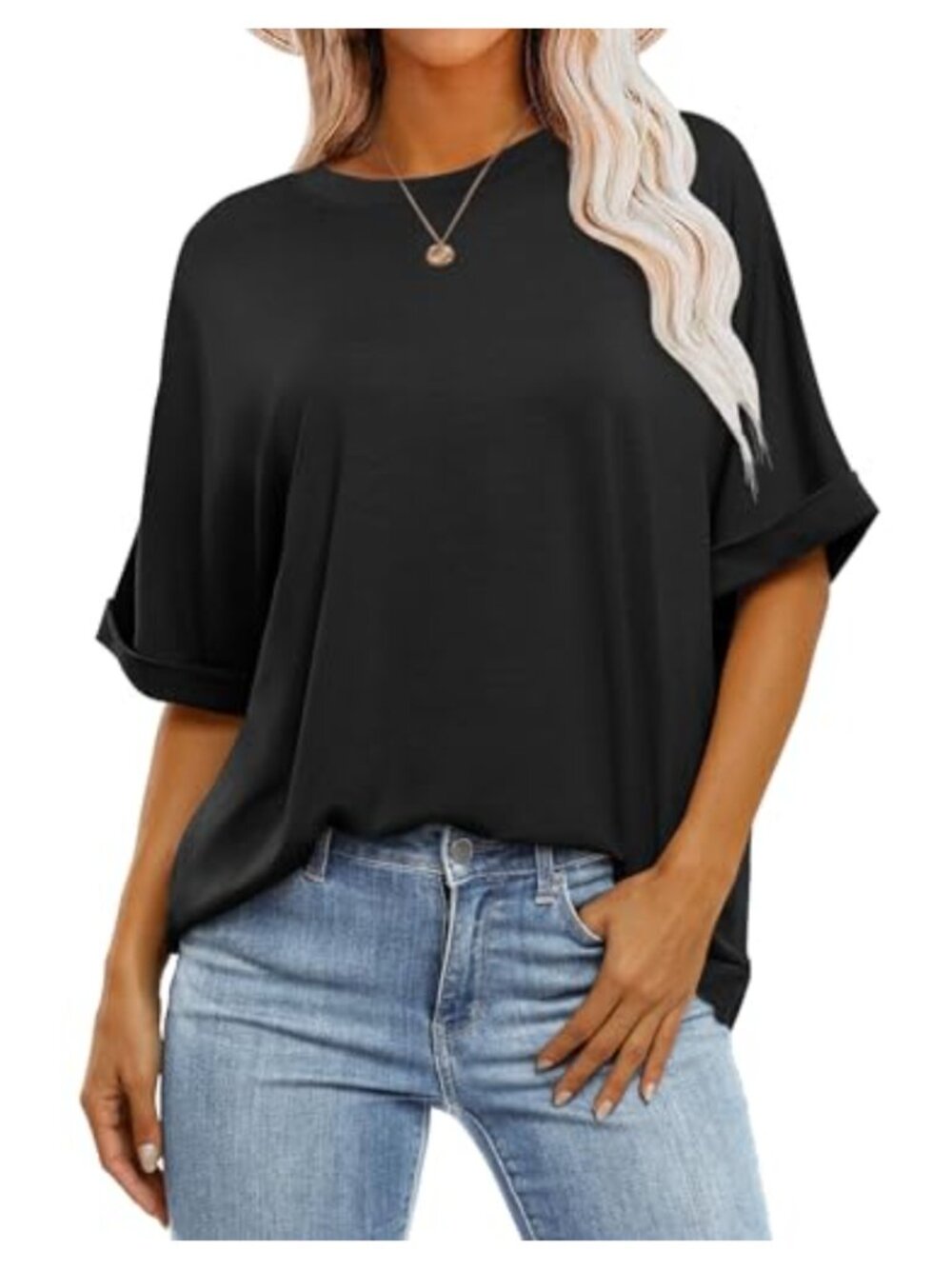 Oversized Tunic T-Shirt Drop Shoulder Roll Sleeve Crewneck Casual Tee